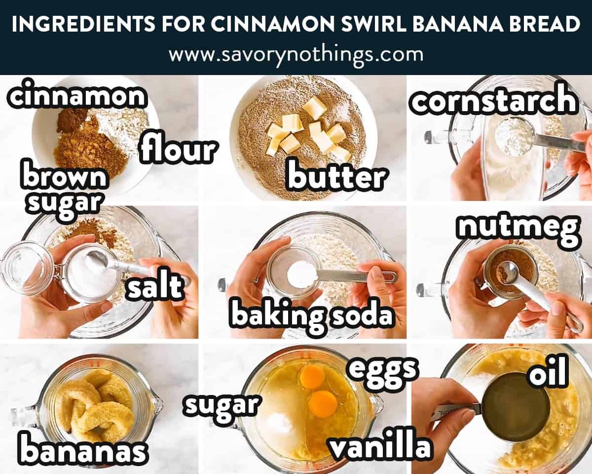 ingredients for cinnamon swirl banana bread with text labels