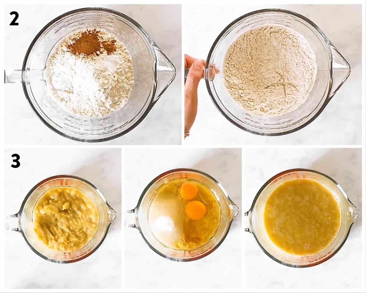 photo collage to show how to combine dry and wet ingredients for banana bread batter