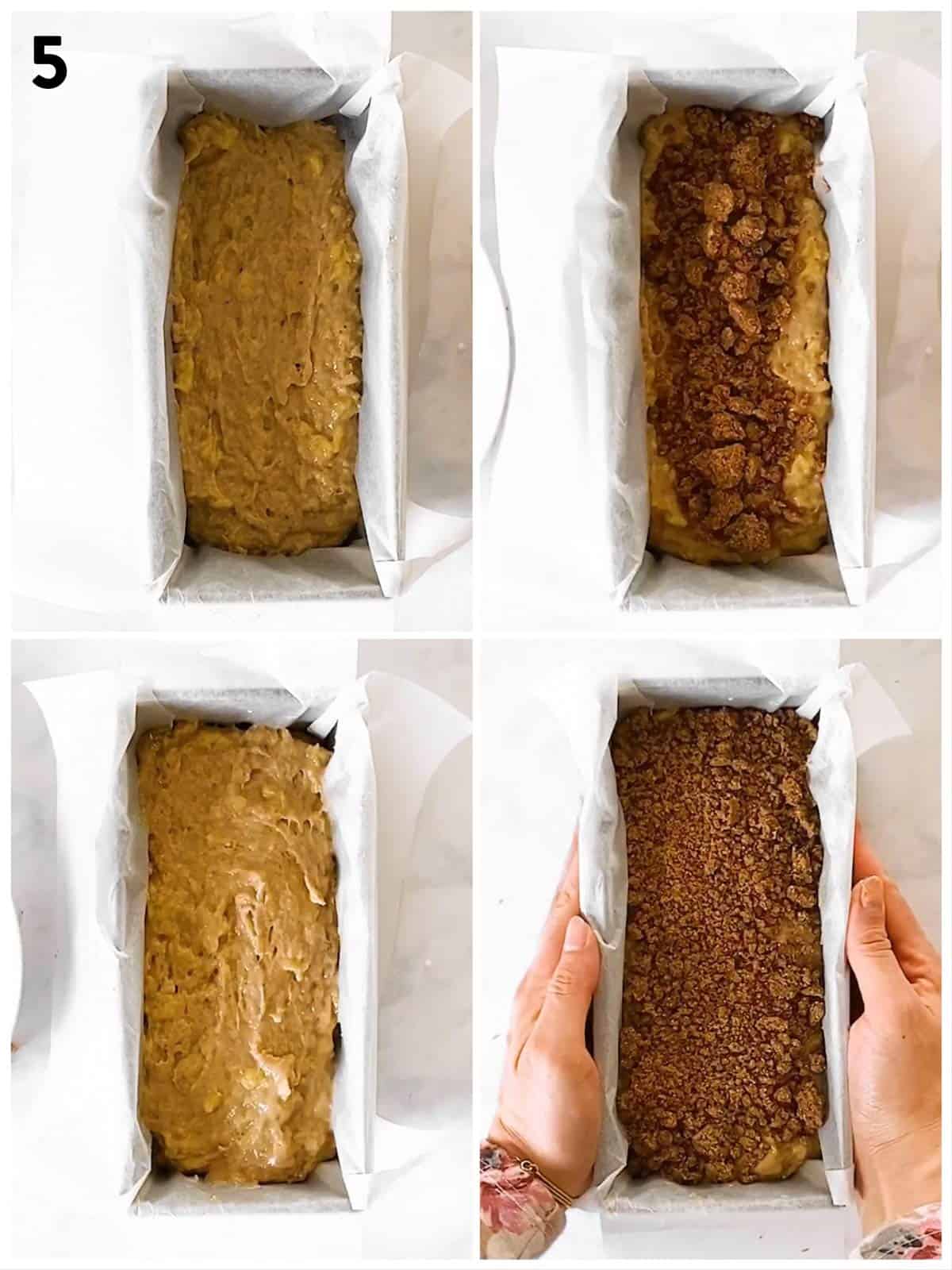 photo collage to show how to assemble a cinnamon swirl banana bread