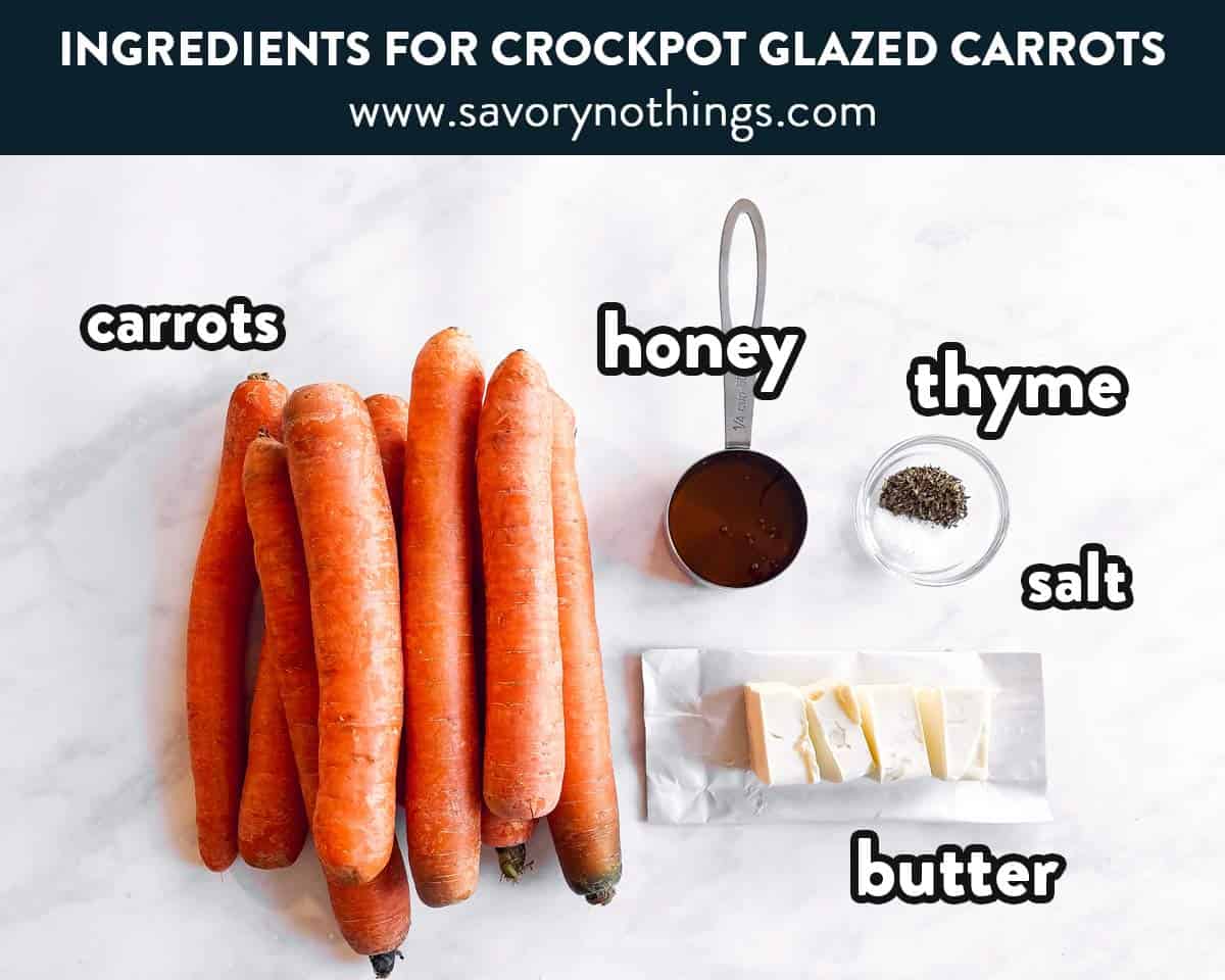 ingredients for crockpot glazed carrots with text labels