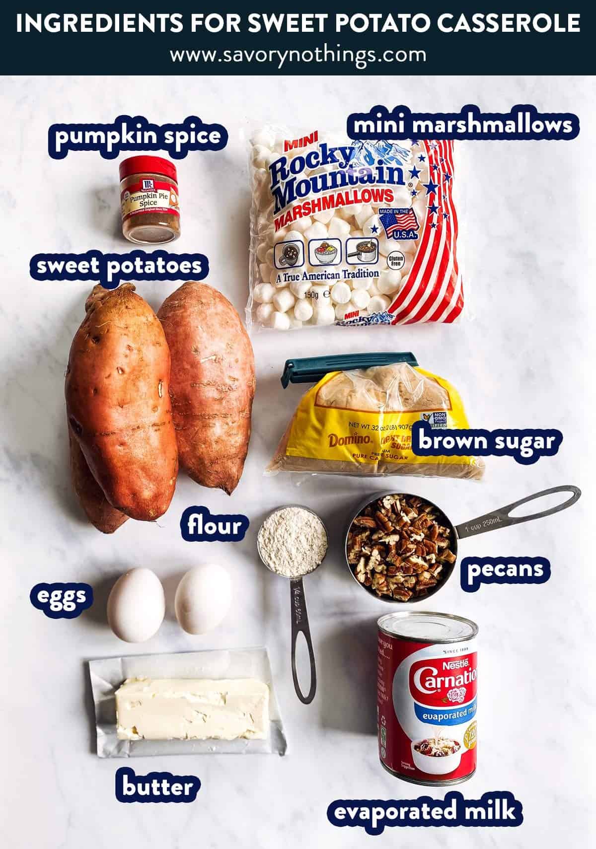 ingredients for sweet potato casserole with text labels