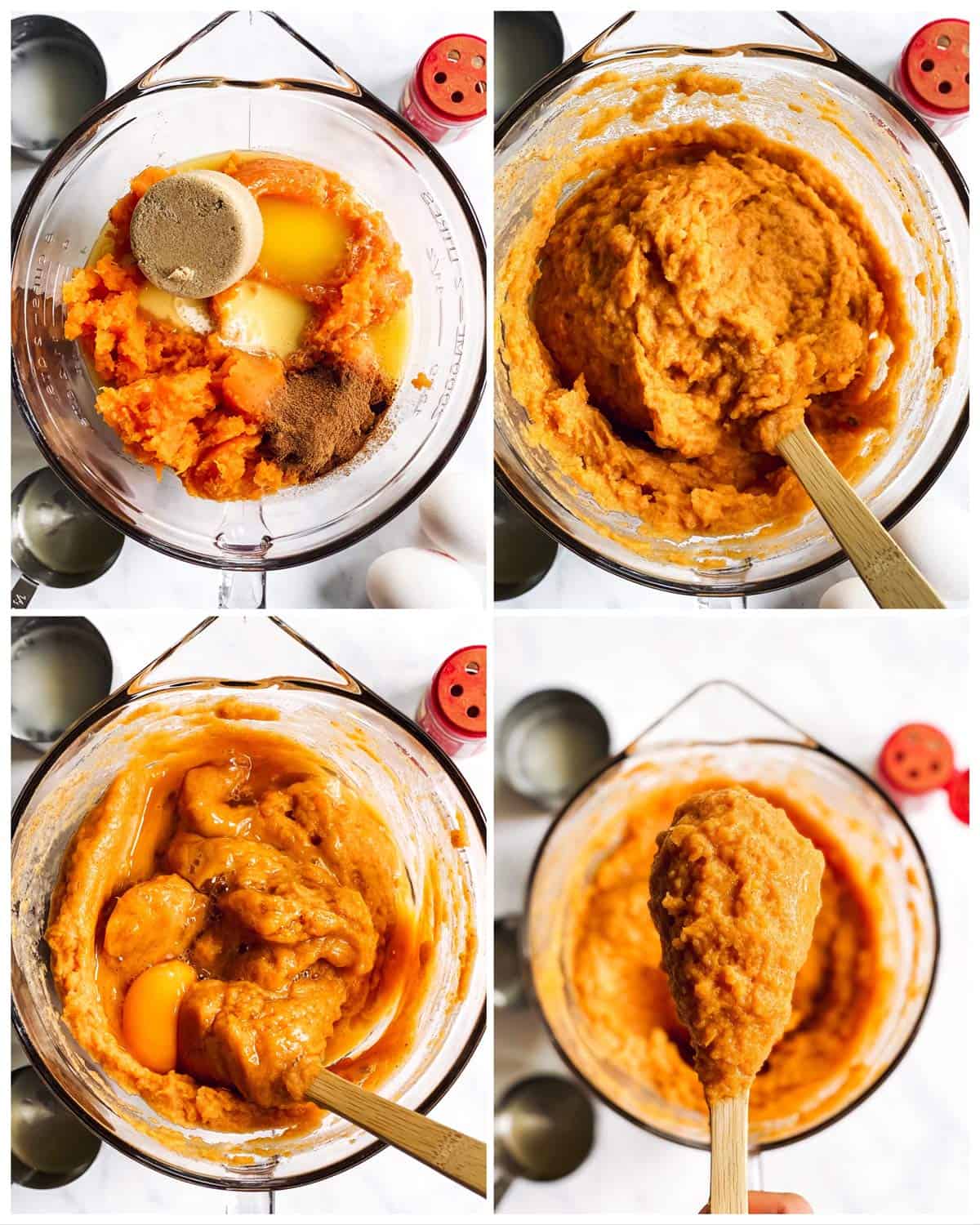 collage of photos showing how to make the filling for a sweet potato casserole