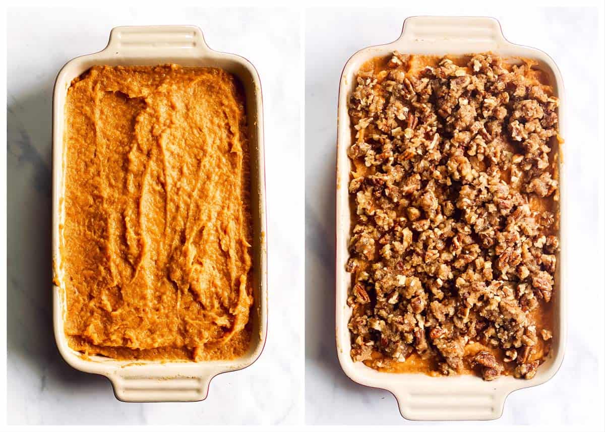 collage of photos to show assembly of a sweet potato casserole