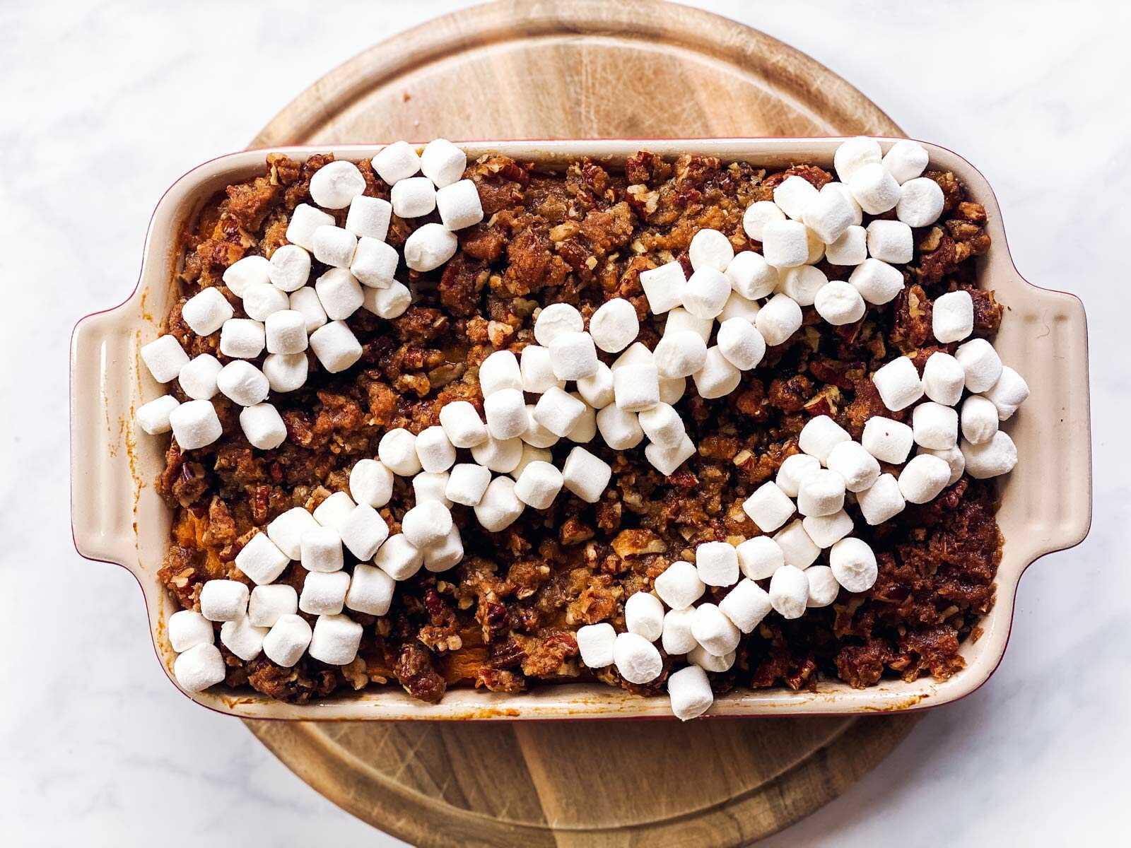 sweet potato casserole with unbaked marshmallows on top