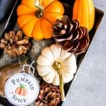 steel platter with pumpkins and a jar of pumpkin spice mix