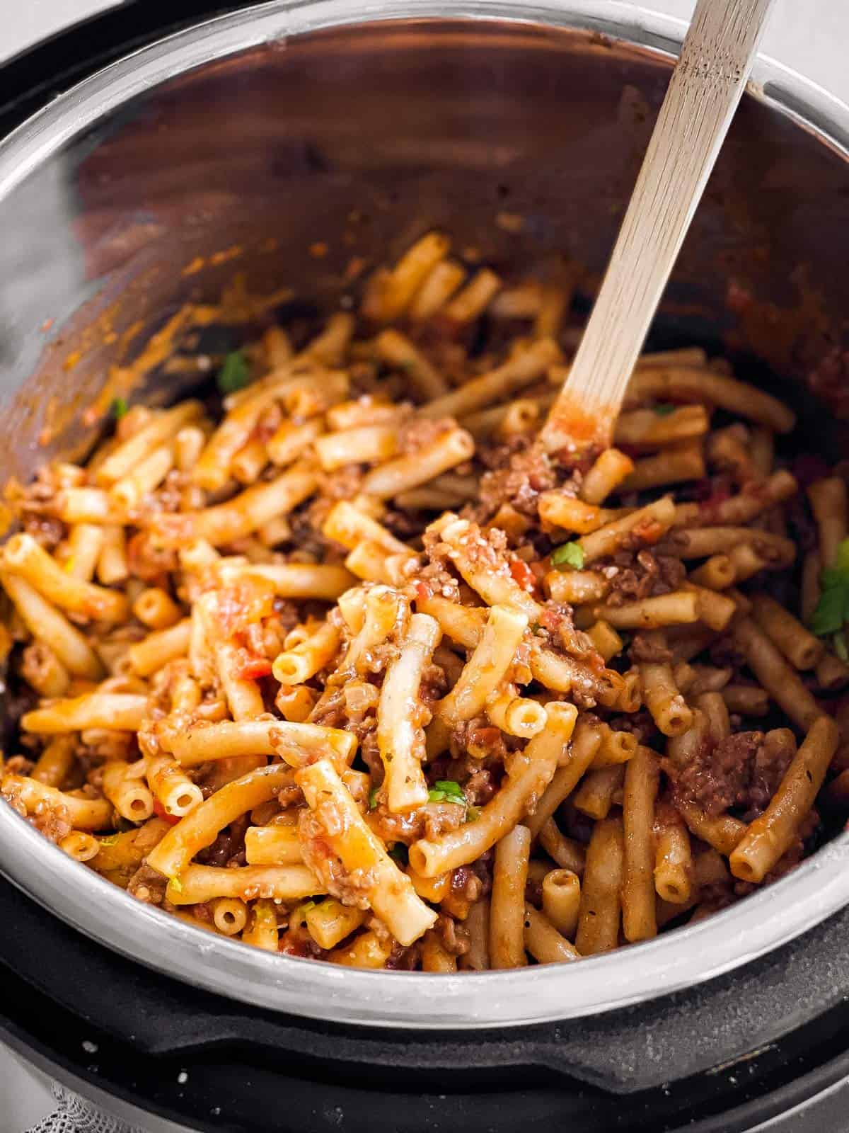 close up photo of baked ziti in instant pot