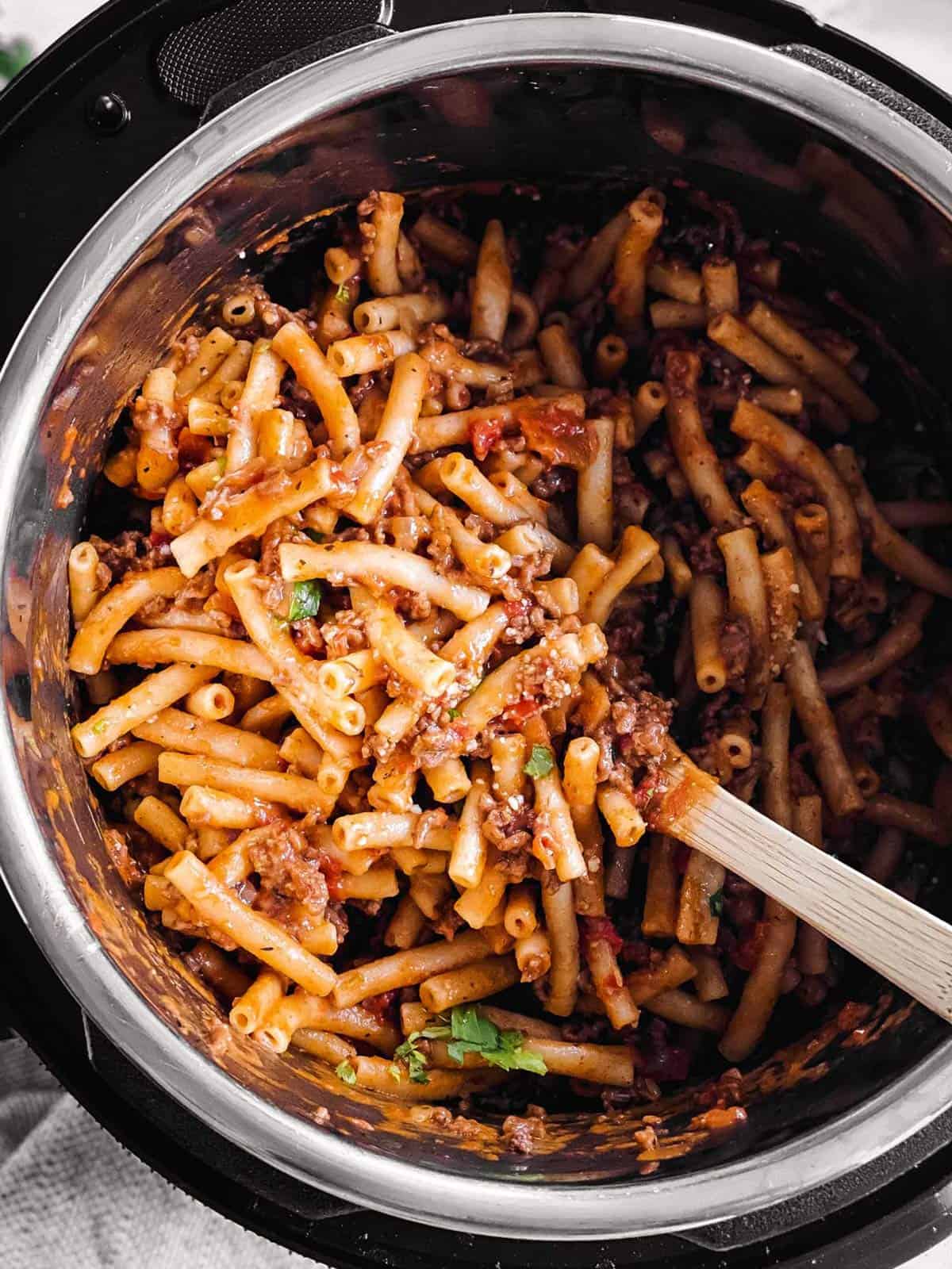 overhead closeup of baked ziti in instant pot