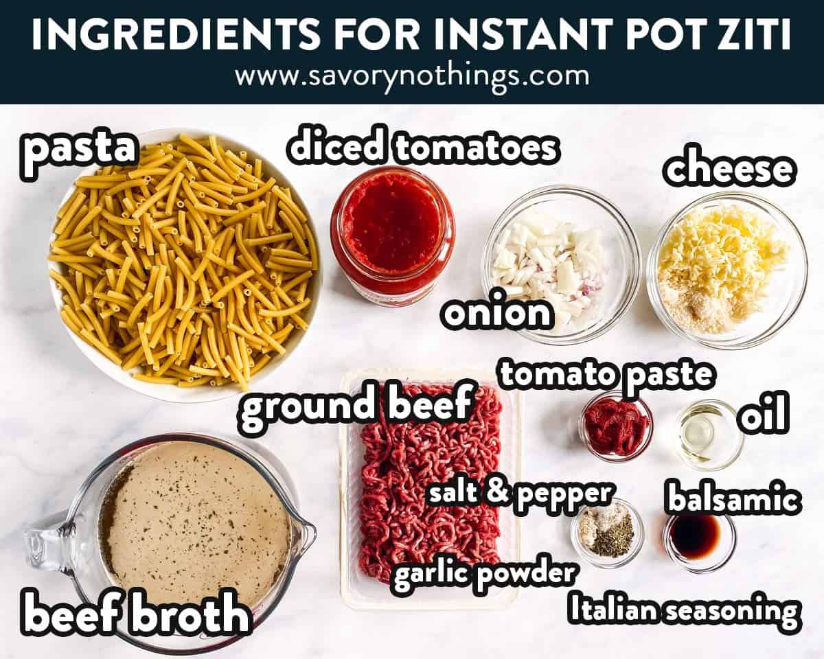 ingredients for instant pot baked ziti with text labels