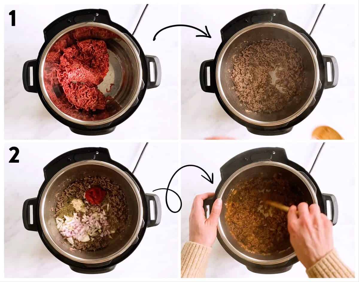 collage of steps to show browning beef in instant pot with onions and seasoning
