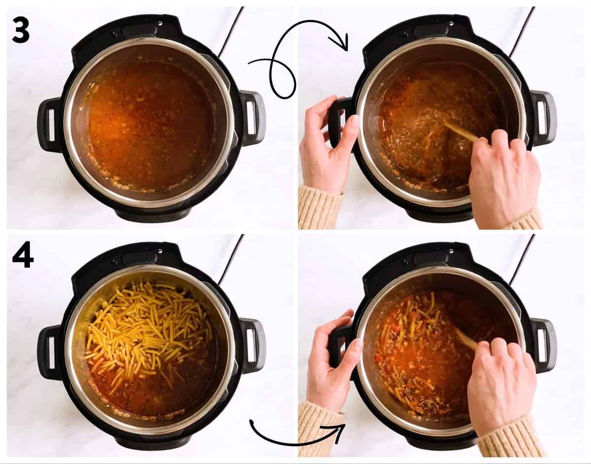 collage of steps to show combining ingredients for ziti in instant pot