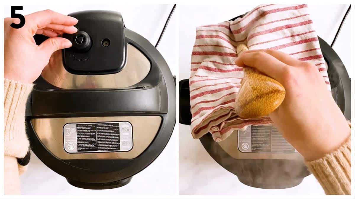 collage of steps to show setting and releasing the valve of an instant pot