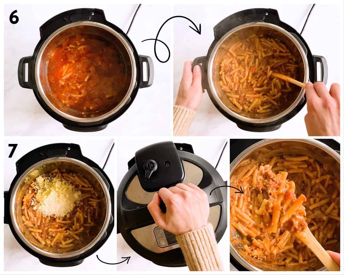 collage of steps to show how to finish instant pot baked ziti after pressure cooking