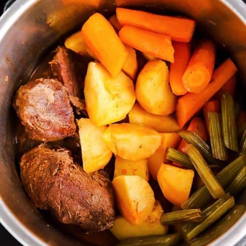 overhead view of pot roast in an instant pot