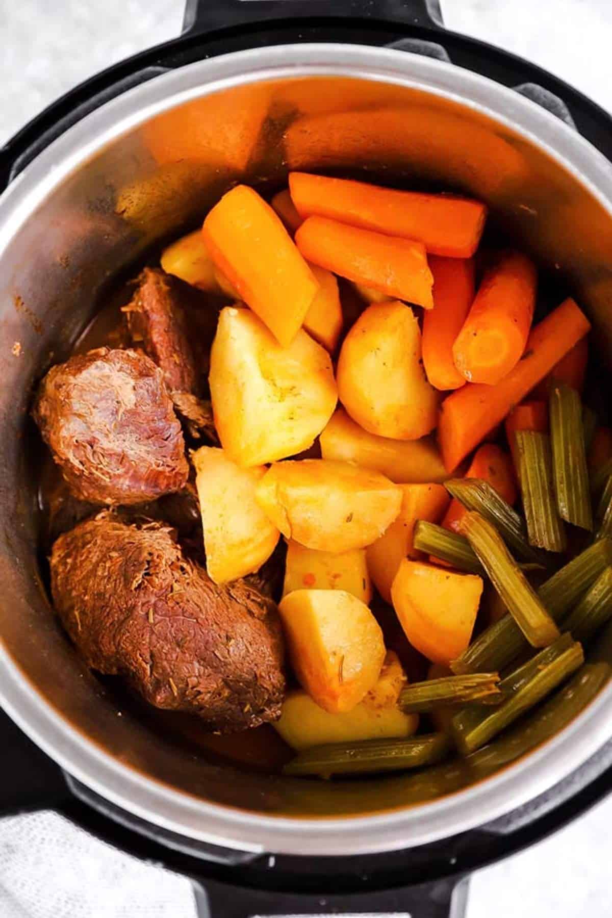 overhead view of pot roast in an instant pot