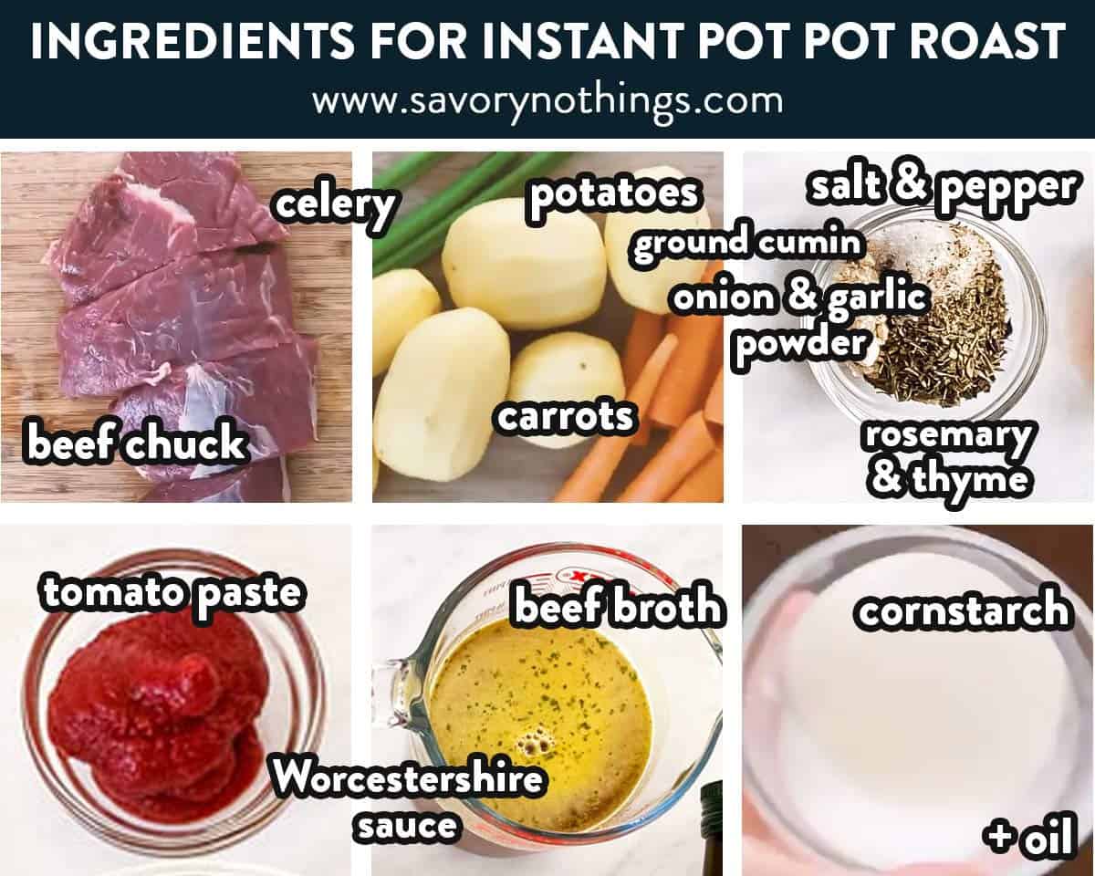 ingredients for instant pot pot roast with text labels