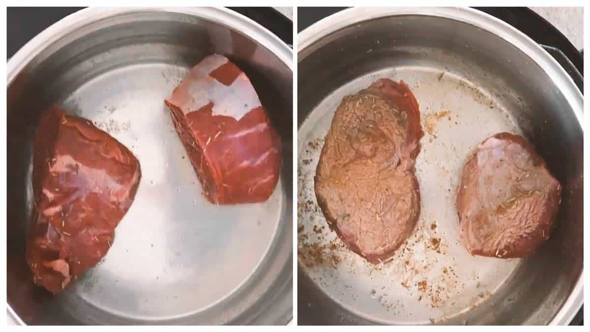 photo collage to show how to brown pieces of beef roast in an instant pot