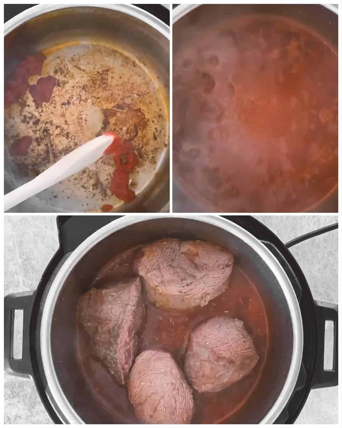 photo collage to show how to prepare gravy for instant pot pot roast