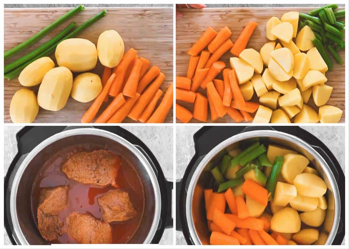 photo collage to show how to prepare the vegetables for an instant pot pot roast