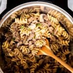 top down view of an instant pot filled with noodled and stroganoff