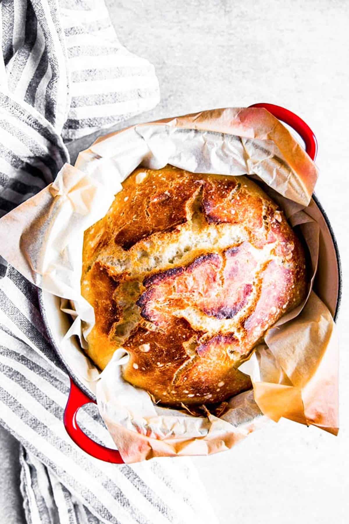 baked bread in red Dutch oven