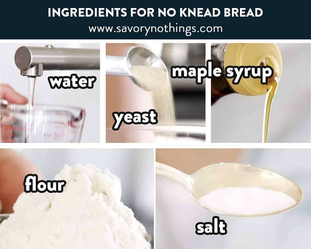 photo collage of no knead bread ingredients