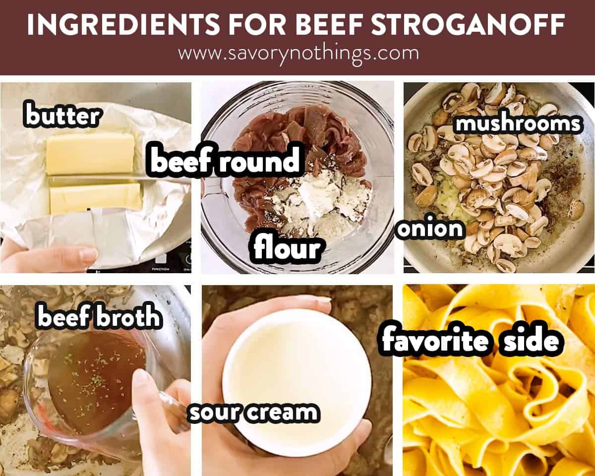 collage of ingredients needed to make a classic beef stroganoff