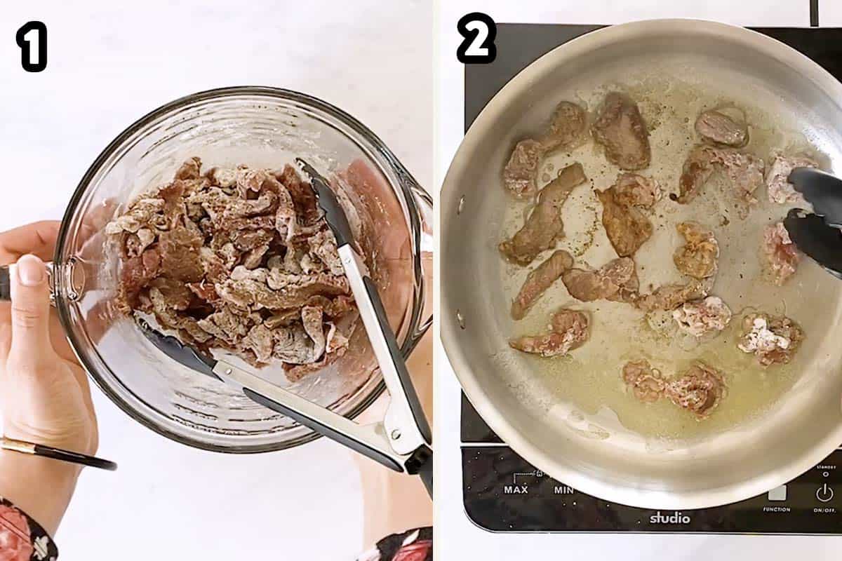 collage of photos to show flouring and browning beef for stroganoff