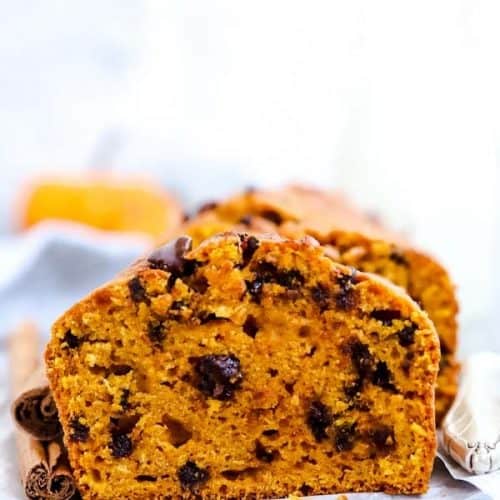 slice of chocolate chip pumpkin bread