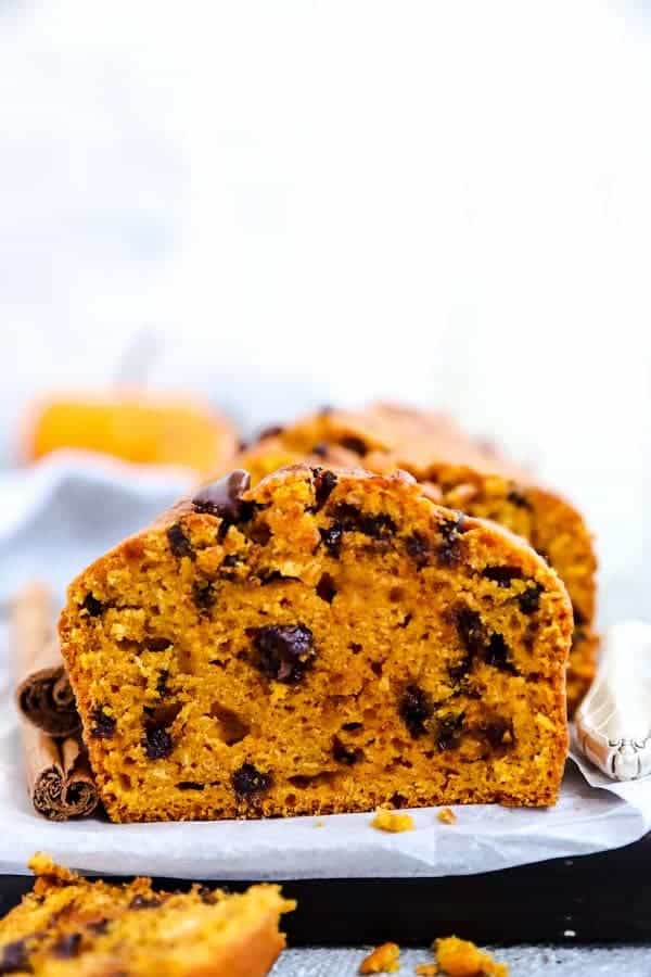 slice of chocolate chip pumpkin bread