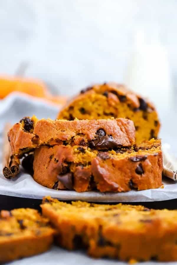 slices of pumpkin bread with chocolate chips on a wooden board