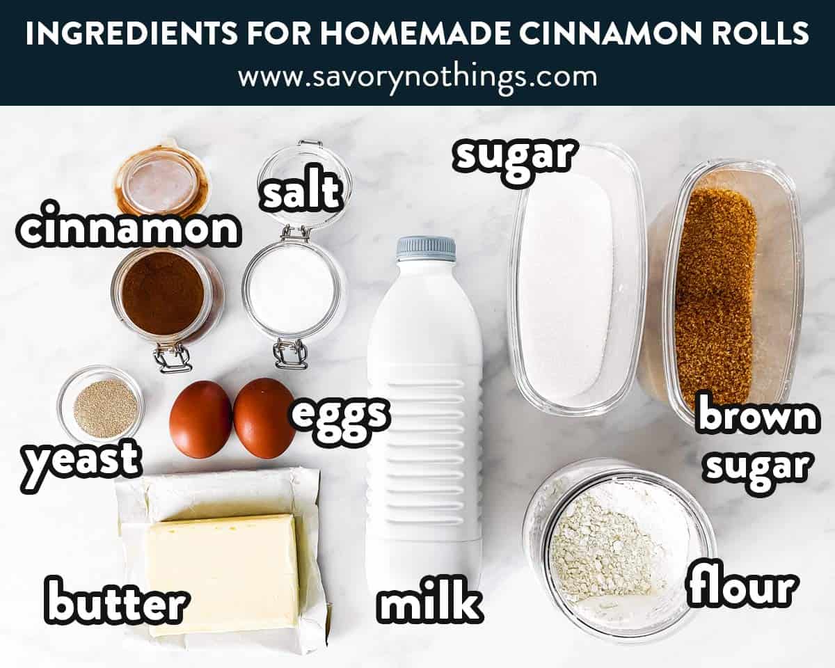 ingredients for cinnamon rolls with text labels