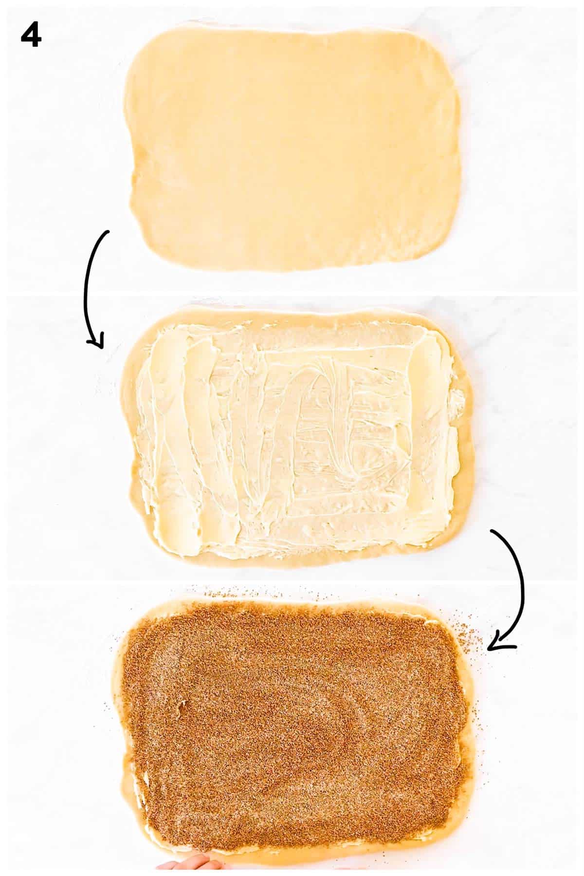 photo collage to show how to spread butter and cinnamon sugar on dough