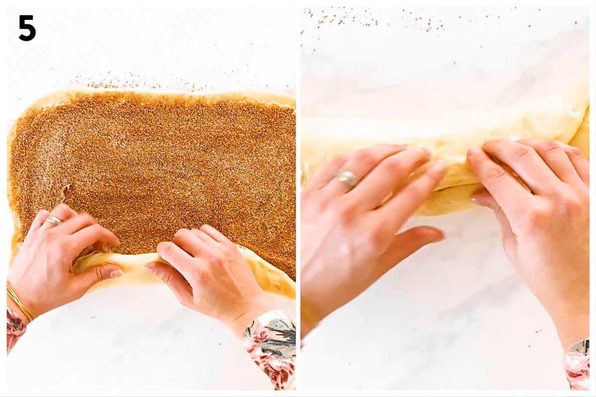 photo collage to show how to roll and seal a cinnamon roll log