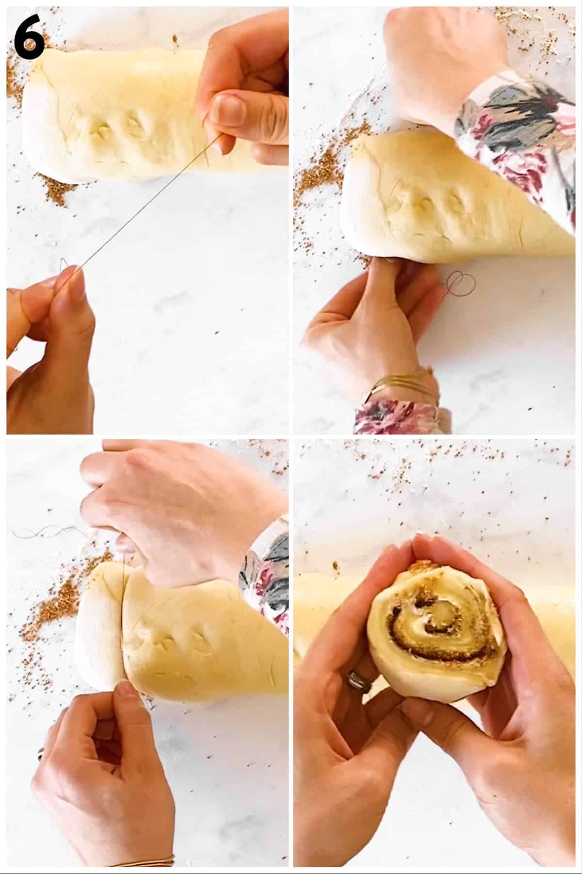 photo collage to show how to slice cinnamon rolls
