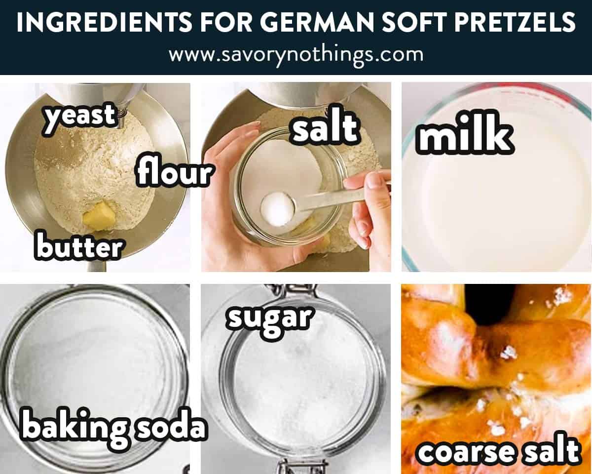 ingredients for German soft pretzels with text labels