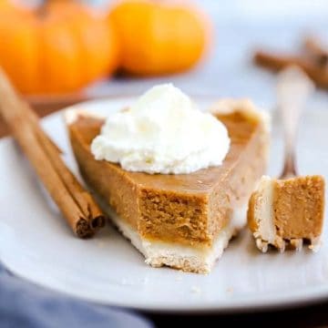 close up photo of a slice of pumpkin pie