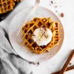 overhead view on plate with pumpkin waffles