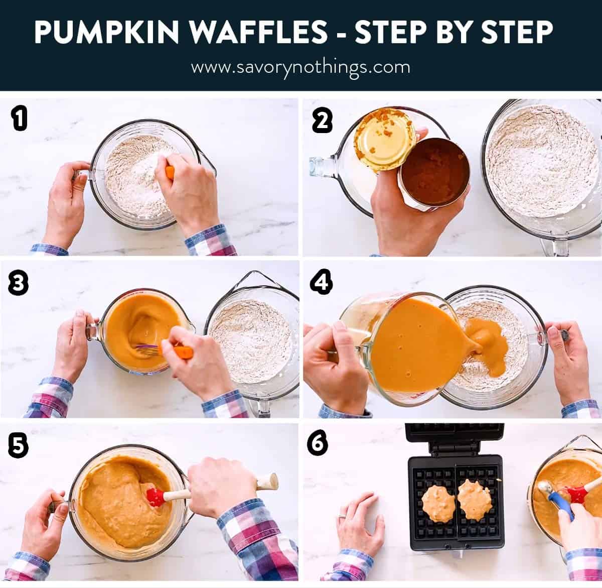 collage of step by step photos to show making of pumpkin spice waffles