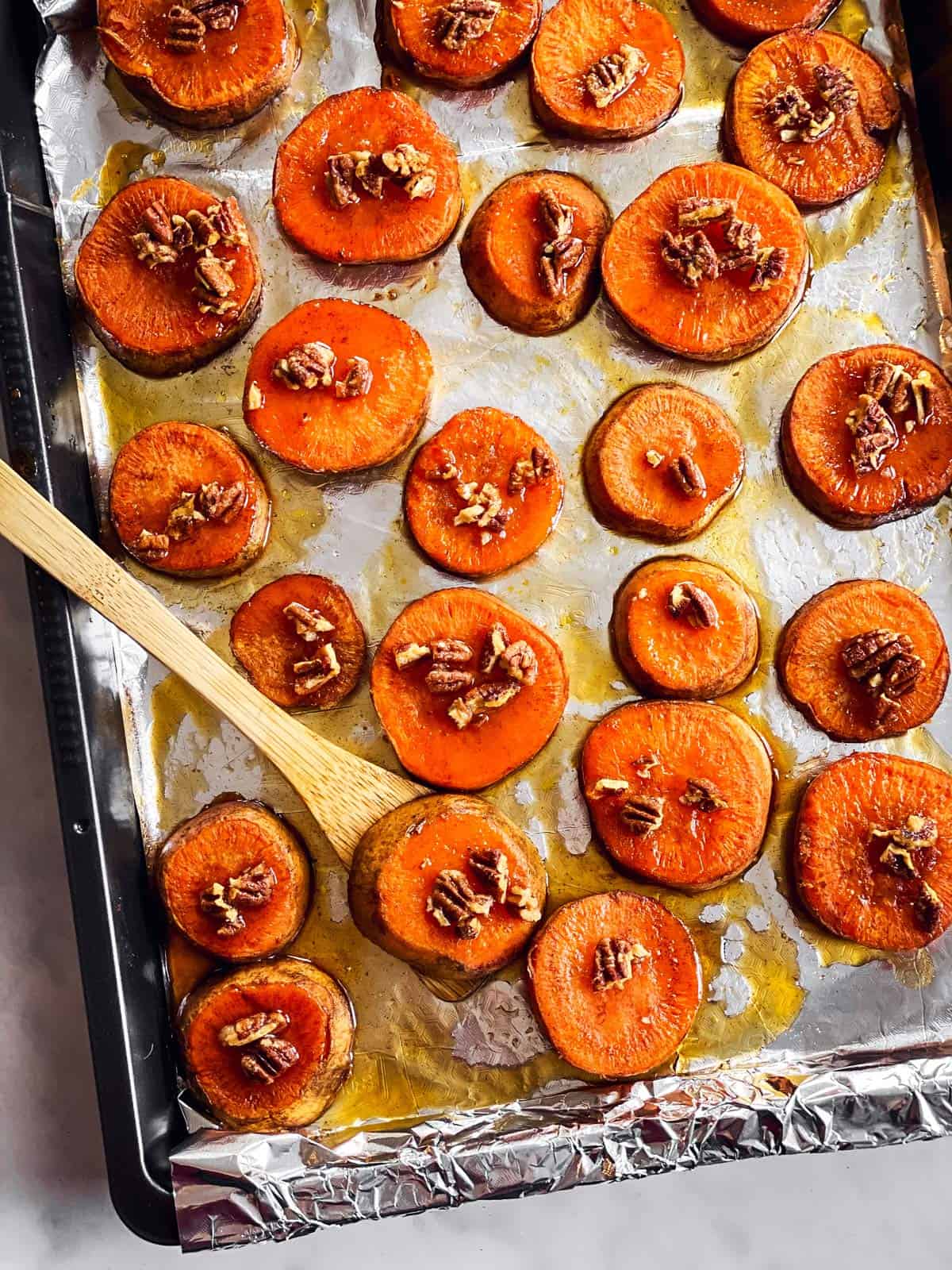 pan with maple pecan roasted sweet potato slices