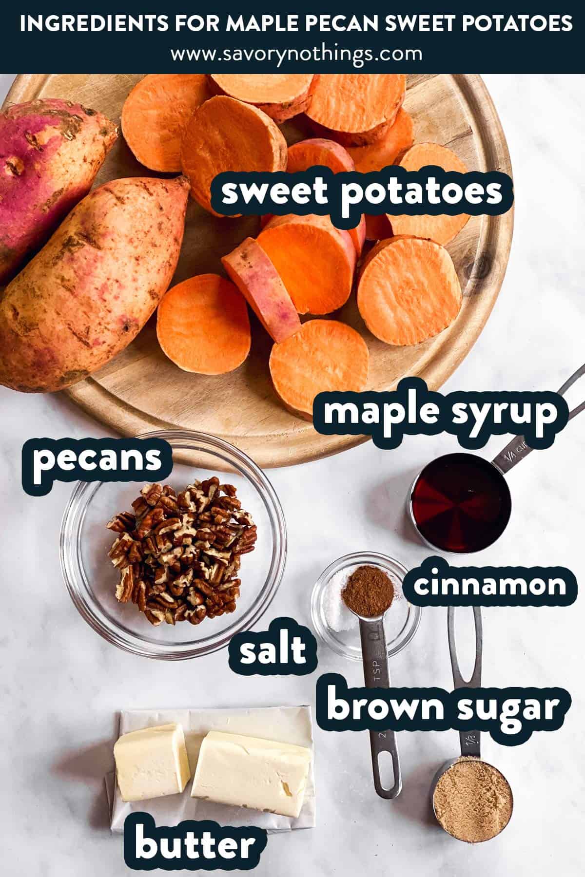 ingredients for roasted sweet potato slices with text labels