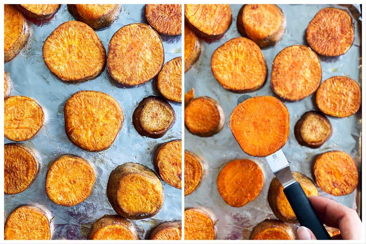 collage to show flipping of roasted sweet potatoes
