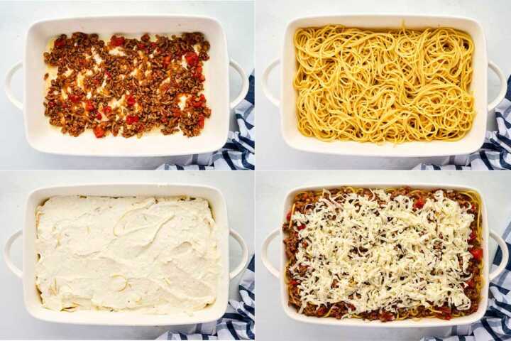 assembling spaghetti casserole
