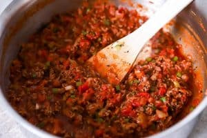 spaghetti sauce for baked spaghetti in a skillet