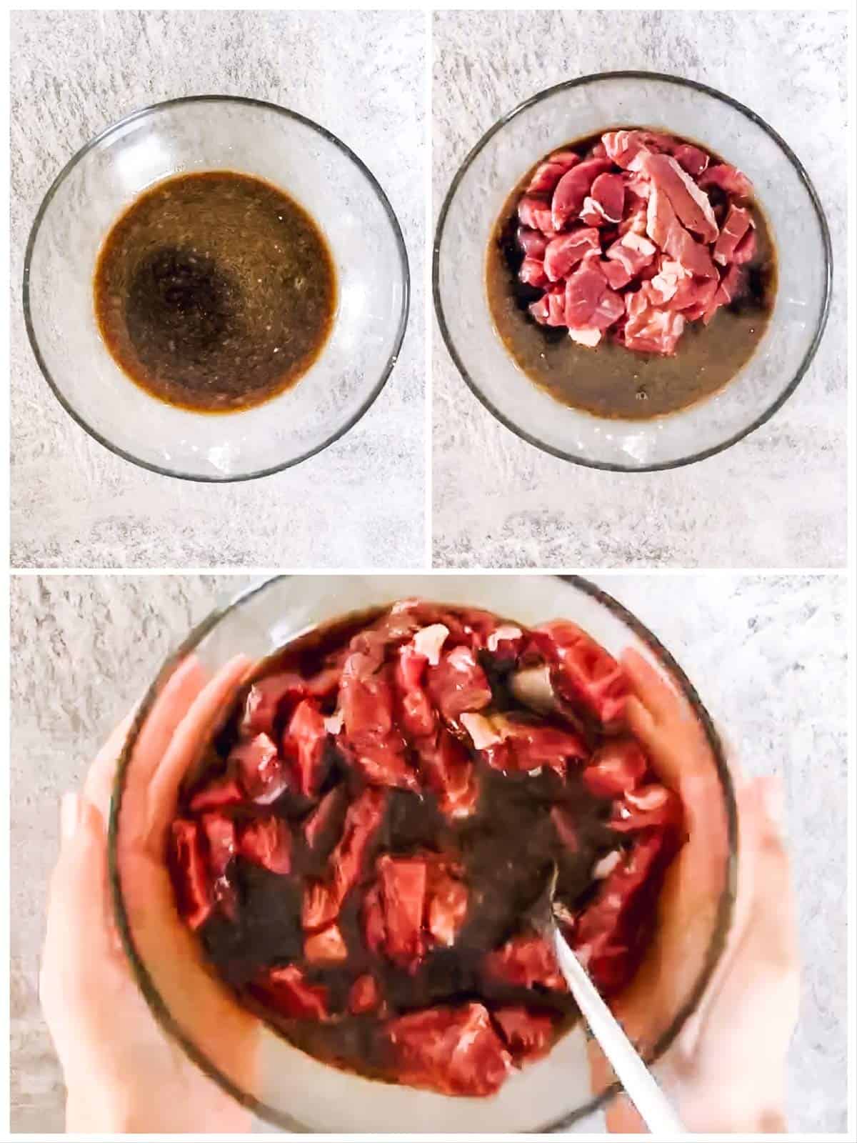 photo collage to show how to marinate beef in soy sauce