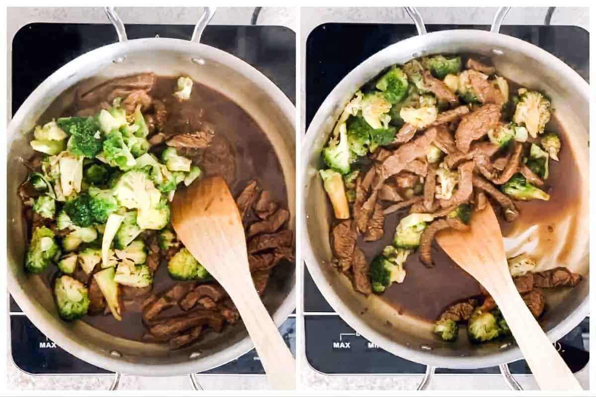 photo collage to show how to finish a beef and broccoli stir fry