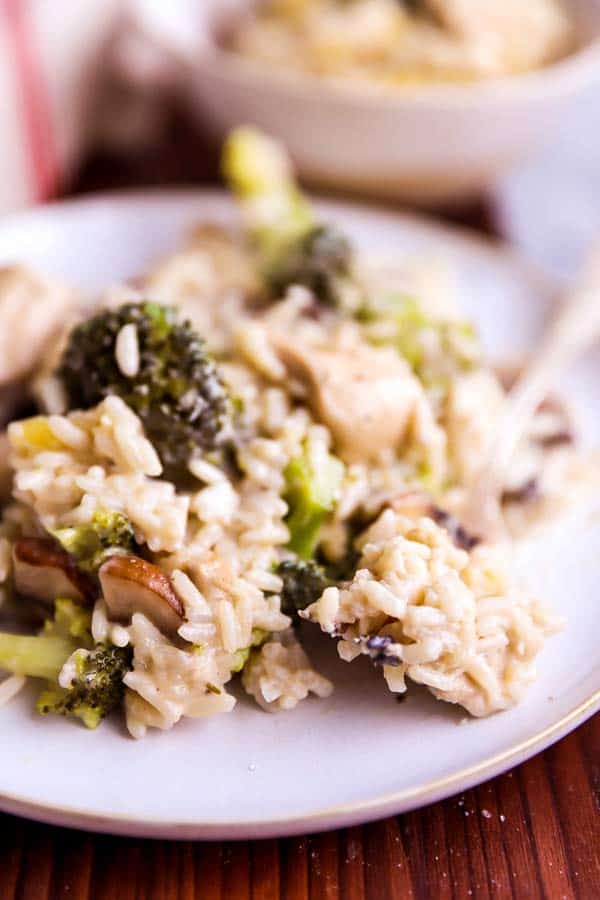 close up photo of a plate with chicken broccoli casserole