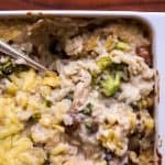 close up photo of a chicken broccoli rice casserole, top down view