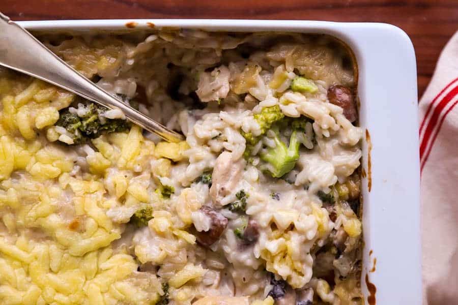 close up photo of a chicken broccoli rice casserole, top down view
