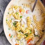 overhead view of pot with chicken noodle soup