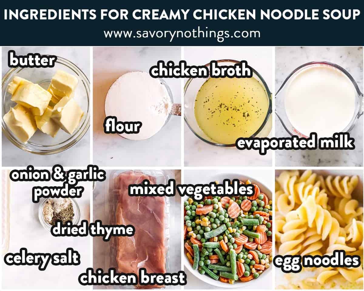 ingredients for creamy chicken noodle soup with text labels